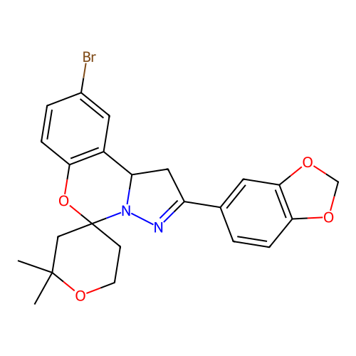 2'-(1,3-benzodioxol-5-yl)-9'-bromo-2,2-dimethyl-1',2,3,5,6,10b'-hexahydrospiro[pyran-4,5'-pyrazolo[1,5-c][1,3]benzoxazine] structure