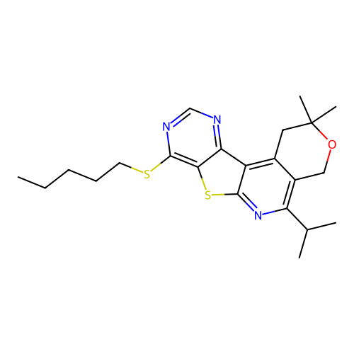 2,2-dimethyl-8-(pentylsulfanyl)-5-(propan-2-yl)-1,4-dihydro-2H-pyrano[4'',3'':4',5']pyrido[3',2':4,5]thieno[3,2-d]pyrimidine structure