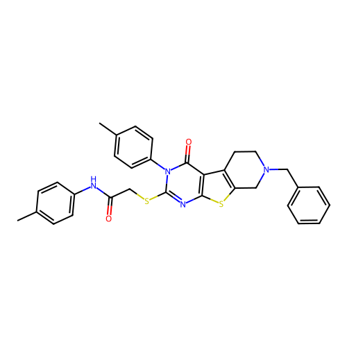 2-((7-benzyl-4-oxo-3-(p-tolyl)-3,4,5,6,7,8-hexahydropyrido[4',3':4,5]thieno[2,3-d]pyrimidin-2-yl)thio)-N-(p-tolyl)acetamide structure