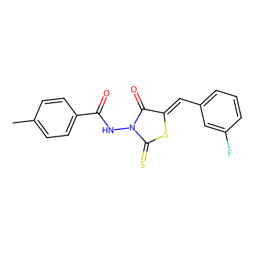 (Z)-N-(5-(3-fluorobenzylidene)-4-oxo-2-thioxothiazolidin-3-yl)-4-methylbenzamide structure