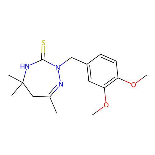 2-(3,4-dimethoxybenzyl)-5,5,7-trimethyl-5,6-dihydro-2H-1,2,4-triazepine-3-thiol structure