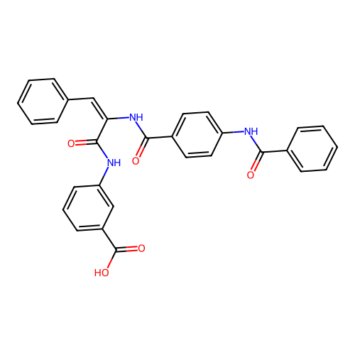 (E)-3-(2-(4-benzamidobenzamido)-3-phenylacrylamido)benzoic acid structure