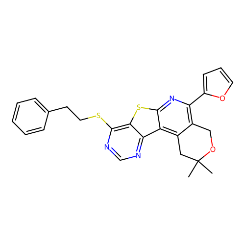 5-(2-furyl)-2,2-dimethyl-8-[(2-phenylethyl)thio]-1,4-dihydro-2H-pyrano[4'',3'':4',5']pyrido[3',2':4,5]thieno[3,2-d]pyrimidine structure