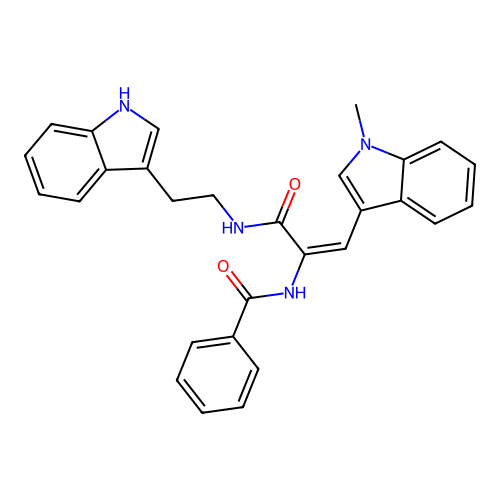 N-[1-[2-(1H-indol-3-yl)ethylcarbamoyl]-2-(1-methylindol-3-yl)ethenyl]benzamide structure