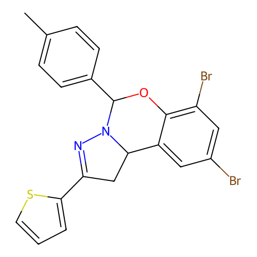 2-[2,4-dibromo-6-(4-methylphenyl)-6H,10aH-benzo[e]2-pyrazolino[1,5-c]1,3-oxazi n-9-yl]thiophene structure