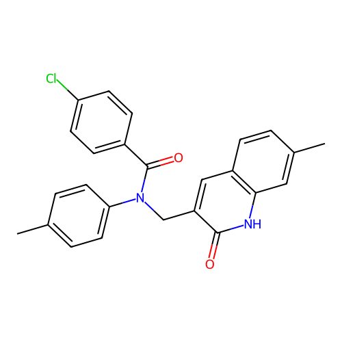 4-chloro-N-[(7-methyl-2-oxo-1H-quinolin-3-yl)methyl]-N-(4-methylphenyl)benzamide structure