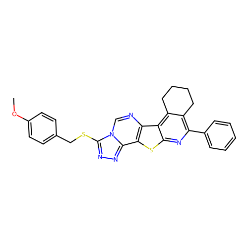 3-((4-methoxybenzyl)thio)-11-phenyl-7,8,9,10-tetrahydro-[1,2,4]triazolo[4'',3'':1',6']pyrimido[4',5':4,5]thieno[2,3-c]isoquinoline structure