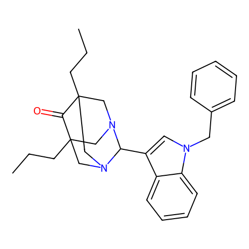 (1r,5R,7S)-2-(1-benzyl-1H-indol-3-yl)-5,7-dipropyl-1,3-diazaadamantan-6-one structure