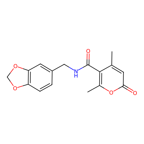 N-(1,3-benzodioxol-5-ylmethyl)-4,6-dimethyl-2-oxo-2H-pyran-5-carboxamide structure