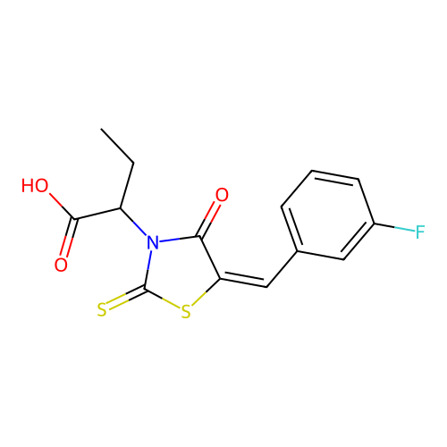 2-[(5E)-5-[(3-fluorophenyl)methylidene]-4-oxo-2-sulfanylidene-1,3-thiazolidin-3-yl]butanoic acid structure