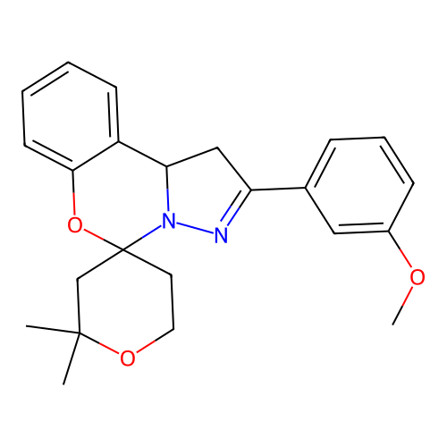 2'-(3-methoxyphenyl)-2,2-dimethyl-1',2,3,5,6,10b'-hexahydrospiro[pyran-4,5'-pyrazolo[1,5-c][1,3]benzoxazine] structure