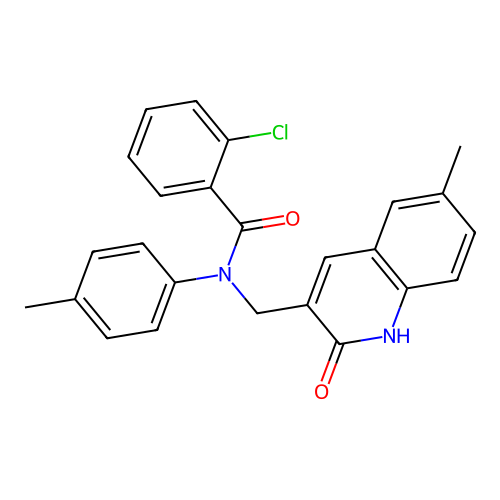 2-chloro-N-[(6-methyl-2-oxo-1H-quinolin-3-yl)methyl]-N-(4-methylphenyl)benzamide structure