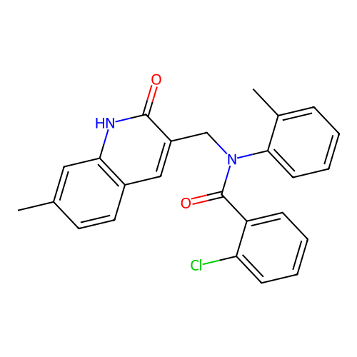 2-chloro-N-[(7-methyl-2-oxo-1H-quinolin-3-yl)methyl]-N-(2-methylphenyl)benzamide structure