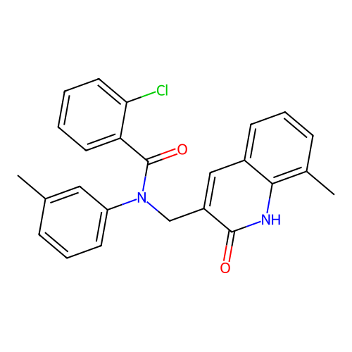 2-chloro-N-[(8-methyl-2-oxo-1H-quinolin-3-yl)methyl]-N-(3-methylphenyl)benzamide structure