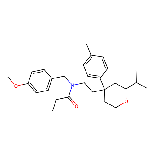 N-{2-[2-isopropyl-4-(4-tolyl)tetrahydropyran-4-yl]ethyl}-N-(4-methoxybenzyl)propionamide structure