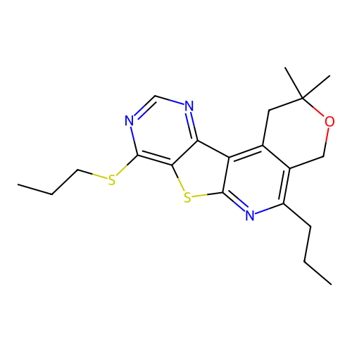 2,2-dimethyl-5-propyl-8-(propylsulfanyl)-1,4-dihydro-2H-pyrano[4'',3'':4',5']pyrido[3',2':4,5]thieno[3,2-d]pyrimidine structure