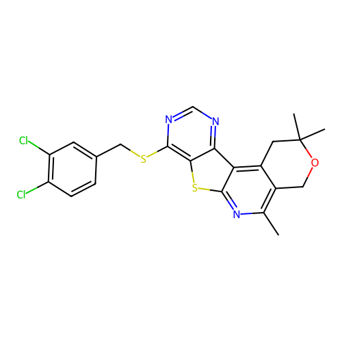 8-((3,4-dichlorobenzyl)thio)-2,2,5-trimethyl-2,4-dihydro-1H-pyrano[4'',3'':4',5']pyrido[3',2':4,5]thieno[3,2-d]pyrimidine structure