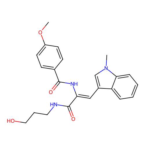 N-[1-(3-hydroxypropylcarbamoyl)-2-(1-methylindol-3-yl)ethenyl]-4-methoxy-benzamide structure