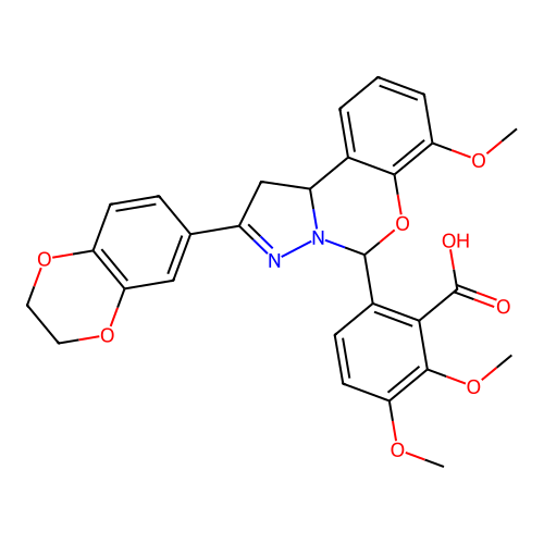 6-(2-(2,3-dihydrobenzo[b][1,4]dioxin-6-yl)-7-methoxy-5,10b-dihydro-1H-benzo[e]pyrazolo[1,5-c][1,3]oxazin-5-yl)-2,3-dimethoxybenzoic acid structure