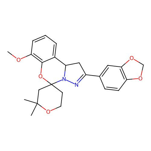 2'-(1,3-benzodioxol-5-yl)-7'-methoxy-2,2-dimethyl-1',2,3,5,6,10b'-hexahydrospiro[pyran-4,5'-pyrazolo[1,5-c][1,3]benzoxazine] structure