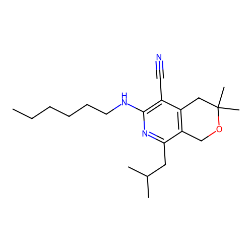 6-(hexylamino)-3,3-dimethyl-8-(2-methylpropyl)-3,4-dihydro-1H-pyrano[3,4-c]pyridine-5-carbonitrile structure