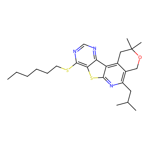 8-(hexylsulfanyl)-2,2-dimethyl-5-(2-methylpropyl)-1,4-dihydro-2H-pyrano[4'',3'':4',5']pyrido[3',2':4,5]thieno[3,2-d]pyrimidine structure