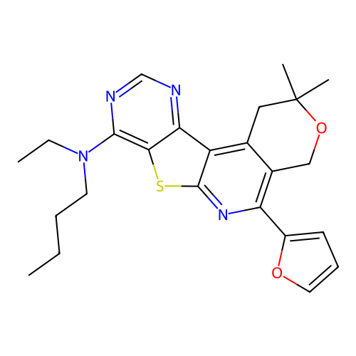 N-butyl-N-ethyl-5-(2-furyl)-2,2-dimethyl-1,4-dihydro-2H-pyrano[4'',3'':4',5']pyrido[3',2':4,5]thieno[3,2-d]pyrimidin-8-amine structure