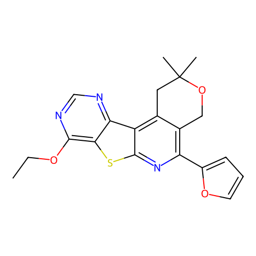 8-ethoxy-5-(furan-2-yl)-2,2-dimethyl-1,4-dihydro-2H-pyrano[4'',3'':4',5']pyrido[3',2':4,5]thieno[3,2-d]pyrimidine structure