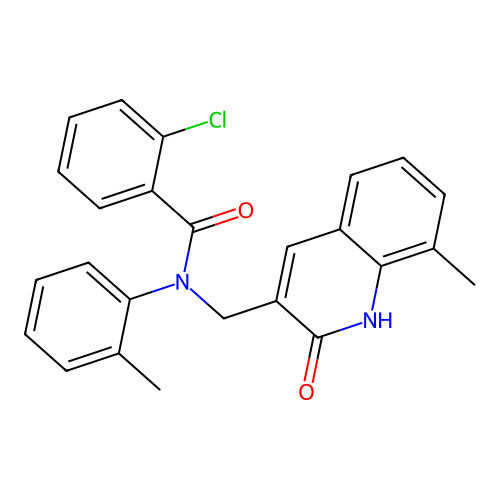 2-chloro-N-[(8-methyl-2-oxo-1H-quinolin-3-yl)methyl]-N-(2-methylphenyl)benzamide structure