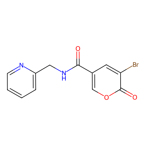 3-bromo-2-oxo-N-(pyridin-2-ylmethyl)-2H-pyran-5-carboxamide structure