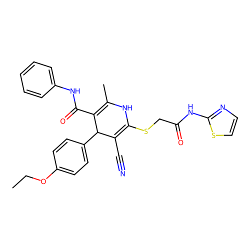 5-cyano-4-(4-ethoxyphenyl)-2-methyl-6-((2-oxo-2-(thiazol-2-ylamino)ethyl)thio)-N-phenyl-1,4-dihydropyridine-3-carboxamide structure