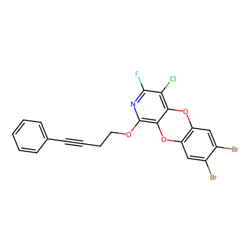 7,8-dibromo-4-chloro-3-fluoro-1-(4-phenylbut-3-ynoxy)-[1,4]benzodioxino[2,3-c]pyridine structure