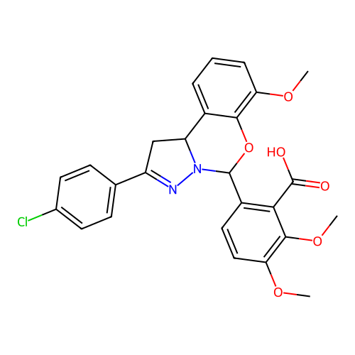 6-(2-(4-chlorophenyl)-7-methoxy-5,10b-dihydro-1H-benzo[e]pyrazolo[1,5-c][1,3]oxazin-5-yl)-2,3-dimethoxybenzoic acid structure