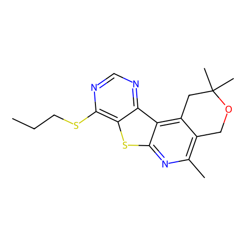 2,2,5-trimethyl-8-(propylsulfanyl)-1,4-dihydro-2H-pyrano[4'',3'':4',5']pyrido[3',2':4,5]thieno[3,2-d]pyrimidine structure