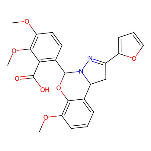 6-(2-(furan-2-yl)-7-methoxy-5,10b-dihydro-1H-benzo[e]pyrazolo[1,5-c][1,3]oxazin-5-yl)-2,3-dimethoxybenzoic acid structure