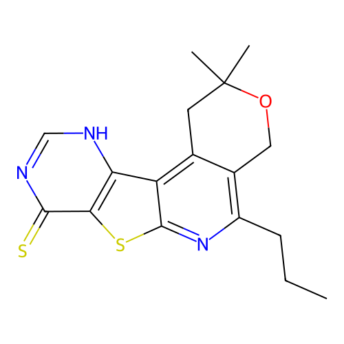 2,2-dimethyl-5-propyl-1,4-dihydro-2H-pyrano[4'',3'':4',5']pyrido[3',2':4,5]thieno[3,2-d]pyrimidine-8(9H)-thione structure
