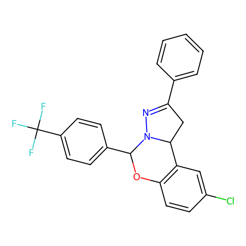 2-chloro-9-phenyl-6-[4-(trifluoromethyl)phenyl]-6H,10aH-benzo[e]2-pyrazolino[1 ,5-c]1,3-oxazine structure