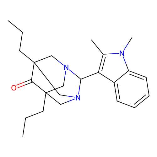 (1r,5R,7S)-2-(1,2-dimethyl-1H-indol-3-yl)-5,7-dipropyl-1,3-diazaadamantan-6-one structure