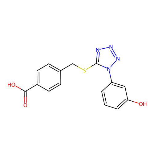 4-({[1-(3-hydroxyphenyl)-1H-tetrazol-5-yl]sulfanyl}methyl)benzoic acid structure