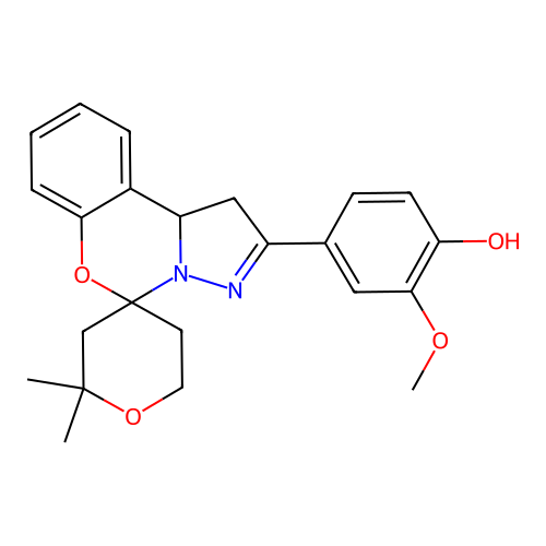 4-(2,2-dimethyl-1',2,3,5,6,10b'-hexahydrospiro[pyran-4,5'-pyrazolo[1,5-c][1,3]benzoxazin]-2'-yl)-2-methoxyphenol structure