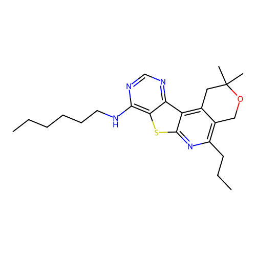 N-hexyl-2,2-dimethyl-5-propyl-1,4-dihydro-2H-pyrano[4'',3'':4',5']pyrido[3',2':4,5]thieno[3,2-d]pyrimidin-8-amine structure
