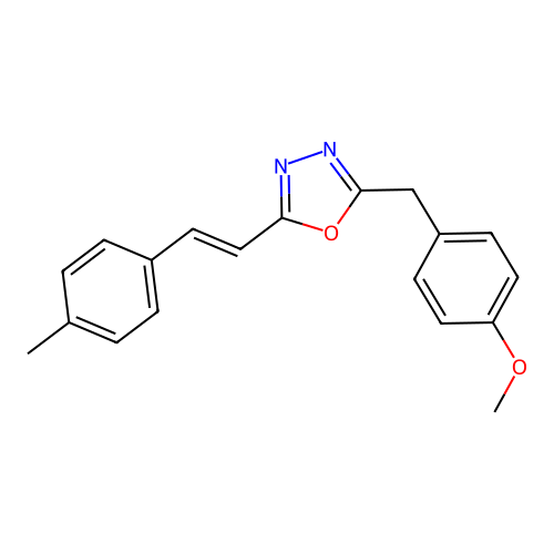 2-[(4-methoxyphenyl)methyl]-5-[(E)-2-(4-methylphenyl)ethenyl]-1,3,4-oxadiazole structure