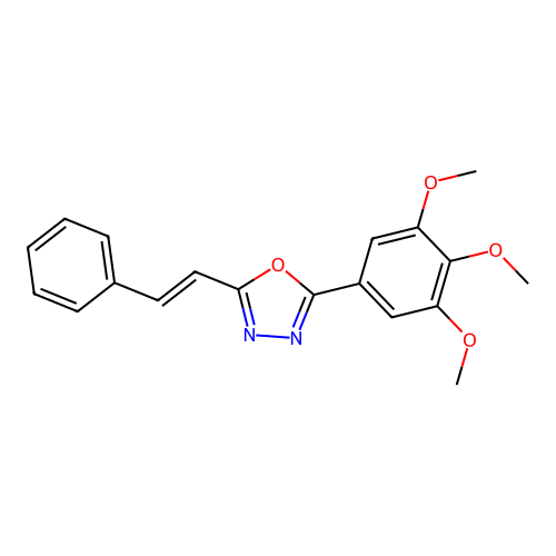 2-[(E)-2-phenylethenyl]-5-(3,4,5-trimethoxyphenyl)-1,3,4-oxadiazole structure