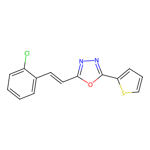 2-[(E)-2-(2-chlorophenyl)ethenyl]-5-(thiophen-2-yl)-1,3,4-oxadiazole structure