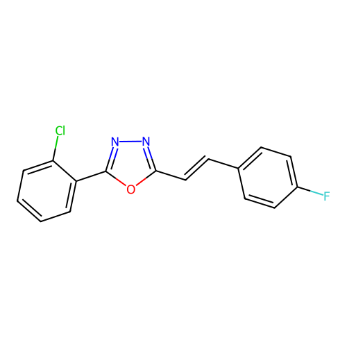 2-(2-chlorophenyl)-5-[(E)-2-(4-fluorophenyl)ethenyl]-1,3,4-oxadiazole structure