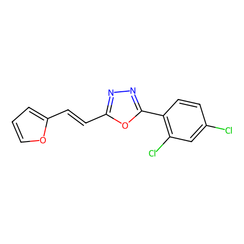(E)-2-(2,4-dichlorophenyl)-5-(2-(furan-2-yl)vinyl)-1,3,4-oxadiazole structure