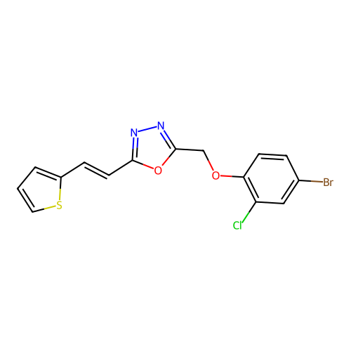 4-Bromo-2-chlorophenyl {5-[2-(2-thienyl)vinyl]-1,3,4-oxadiazol-2-yl}methyl ether structure
