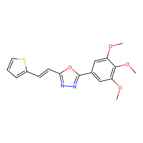 2-[(E)-2-thiophen-2-ylethenyl]-5-(3,4,5-trimethoxyphenyl)-1,3,4-oxadiazole structure