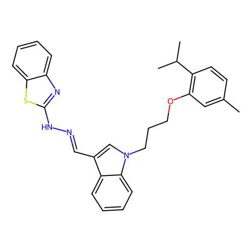 (2Z)-2-{(2E)-[(1-{3-[5-methyl-2-(propan-2-yl)phenoxy]propyl}-1H-indol-3-yl)methylidene]hydrazinylidene}-2,3-dihydro-1,3-benzothiazole structure