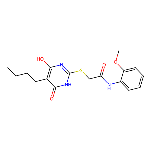 2-((5-butyl-4-hydroxy-6-oxo-1,6-dihydropyrimidin-2-yl)thio)-N-(2-methoxyphenyl)acetamide structure